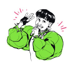 Rule 34 | 1boy, bowl cut, collar, commentary, cropped jacket, cropped torso, down jacket, english commentary, eurovision song contest, facial hair, fingerless gloves, gloves, green collar, grin, hand up, holding, holding microphone, jacket, kaarija, limited palette, long sleeves, looking at viewer, male focus, microphone, real life, short hair, simple background, smile, solo, spiked collar, spikes, topless male, tuherrus, upper body, very short hair, white background