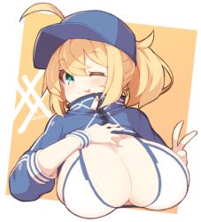 Rule 34 | 1girl, 2023, ;p, ahoge, artoria pendragon (fate), baseball cap, bikini, blonde hair, blue hat, blush, breasts, brown background, cleavage, cropped torso, fate/grand order, fate (series), green eyes, hair through headwear, hat, large breasts, long sleeves, mysterious heroine x (fate), mysterious heroine xx (fate), one eye closed, ponytail, rikumaru, shrug (clothing), solo, swimsuit, tongue, tongue out, two-tone background, upper body, white background, white bikini