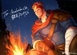 Rule 34 | 1boy, absurdres, bandaged arm, bandages, bara, beard, cape, commission, facial hair, fire, forest, highres, indie virtual youtuber, large pectorals, leather, locksuke, male focus, mature male, multicolored hair, muscular, muscular male, nature, orange hair, outdoors, pectorals, red cape, ryuugen drake, scar, scar across eye, second-party source, short hair, skeb commission, solo, streaked hair, thick eyebrows, virtual youtuber, white hair