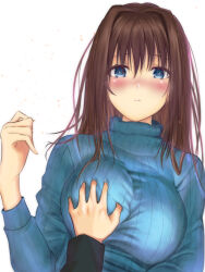 Rule 34 | 1girl, aozaki aoko, blue eyes, blue sweater, blush, breasts, brown hair, grabbing, grabbing another&#039;s breast, groping, hand on another&#039;s chest, large breasts, long hair, mahou tsukai no yoru, simple background, sweater, toomishou, turtleneck, turtleneck sweater, type-moon, white background