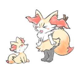 Rule 34 | &gt; &lt;, 1girl, :&lt;, animal ear fluff, animal ears, animal feet, animal hands, animal nose, arms at sides, black fur, blush, blush stickers, body fur, braixen, closed eyes, closed mouth, creatures (company), fang, female focus, fennekin, fox ears, fox girl, fox tail, full body, furry, furry female, game freak, gen 6 pokemon, highres, looking at another, looking up, neck fur, nintendo, open mouth, pokemon, pokemon (creature), red eyes, san (sanchimpo), simple background, sitting, sketch, snout, standing, stick, sweat, tail, white background, white fur, yellow fur