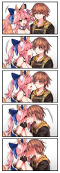 Rule 34 | 1boy, 1girl, @ @, absurdres, animal ear fluff, animal ears, blue kimono, blue ribbon, blush, breasts, brown hair, cleavage, commentary request, fate/extella, fate/extra, fate/extra ccc, fate (series), fox ears, fox girl, fox tail, hair ribbon, hetero, highres, japanese clothes, kimono, kishinami hakuno (male), kiss, large breasts, pink hair, ribbon, surprised, tail, tamamo (fate), tamamo no mae (fate/extra), trembling, wisespeak, yellow eyes
