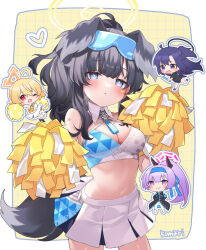 Rule 34 | 4girls, ;d, animal ears, arm tattoo, armpits, black hair, blonde hair, blue archive, blue buruma, blue headband, breasts, buruma, character name, chibi, chibi inset, cleavage, commentary request, detached collar, dog ears, dog girl, dog tail, droopy ears, embarrassed, eyewear on head, facial tattoo, floating headgear, gakuran, grey eyes, gym shirt, gym uniform, hair between eyes, halo, headband, headgear, hibiki (blue archive), hibiki (cheer squad) (blue archive), highres, holding, holding pom poms, holding stick, kotori (blue archive), kotori (cheer squad) (blue archive), leaning forward, long hair, long sleeves, looking at viewer, low twintails, medium breasts, medium hair, millennium cheerleader outfit (blue archive), multiple girls, navel, official alternate costume, official alternate hairstyle, one eye closed, open mouth, pants, parted bangs, parted lips, pleated skirt, pom pom (cheerleading), pom poms, ponytail, purple eyes, purple hair, red eyes, saiki komari, school uniform, shirt, short sleeves, sidelocks, simple background, skirt, sleeveless, smile, star tattoo, stick, stomach, sunglasses, tail, tattoo, twintails, two-tone background, two-tone skirt, two side up, utaha (blue archive), utaha (cheer squad) (blue archive), white pants, white skirt, yuuka (blue archive), yuuka (track) (blue archive)