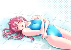Rule 34 | 1girl, blue one-piece swimsuit, breasts, commentary request, competition swimsuit, covered navel, cowboy shot, crossed arms, hair ornament, hairclip, highres, long hair, lying, macosee, medium breasts, one-piece swimsuit, original, red eyes, red hair, solo, swimsuit, tears, tile floor, tiles
