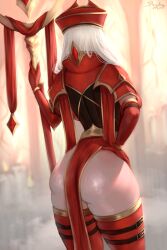 Rule 34 | 1girl, armor, artist name, ass, elbow gloves, facing away, from behind, gloves, hand on own hip, holding, holding staff, human (warcraft), long hair, red gloves, red headwear, red thighhighs, sally whitemane, shiny skin, short sleeves, shoulder armor, sleepingsol, solo, staff, thigh strap, thighhighs, warcraft, white hair, world of warcraft