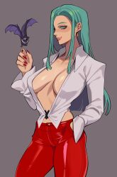 Rule 34 | 1girl, absurdres, bat (animal), blue hair, breasts, cleavage, closed mouth, collarbone, collared shirt, earrings, green eyes, grey background, hand in pocket, highres, jewelry, long sleeves, looking at viewer, medium breasts, morrigan aensland, pants, porqueloin, red nails, red pants, shirt, simple background, smile, solo, standing, vampire (game), white shirt