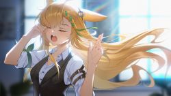 Rule 34 | 1girl, :o, animal ears, arknights, black vest, blonde hair, blurry, blurry background, braid, braided bangs, breasts, closed eyes, collarbone, collared shirt, commentary request, day, depth of field, dress shirt, facing viewer, floating hair, hair between eyes, hands up, highres, indoors, kroos (arknights), kroos the keen glint (arknights), lens flare, long hair, open mouth, shirt, short sleeves, small breasts, solo, sunlight, teeth, upper body, upper teeth only, very long hair, vest, white shirt, window, yiyuwusheng1