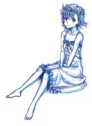 Rule 34 | 1girl, bare legs, bare shoulders, barefoot, between legs, breasts, cleavage, colored pencil (medium), derivative work, flower, frilled negligee, frills, full body, gata2013, hair flower, hair ornament, hand between legs, highres, lingerie, looking at viewer, misaka mikoto, monochrome, negligee, short hair, sitting, sketch, small breasts, smile, solo, toaru kagaku no railgun, toaru majutsu no index, traditional media, underwear, white background