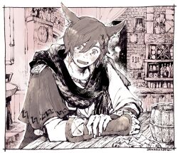 Rule 34 | 1boy, animal ears, arm rest, black scarf, border, bottle, brown eyes, brown gloves, brown hair, cat ears, commentary, dated, elbow gloves, eyes visible through hair, final fantasy, final fantasy xiv, fingerless gloves, g&#039;raha tia, gloves, hair between eyes, hair ornament, hand on own arm, hatching (texture), indoors, itowff14, jacket, jewelry, looking at viewer, male focus, miqo&#039;te, monochrome, neck tattoo, open mouth, outside border, pendant, scarf, sepia, shelf, shirt, short hair, smile, solo, table, tankard, tattoo, upper body, white border, white shirt, x hair ornament