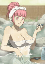 Rule 34 | 1girl, absurdres, artist logo, artist name, bare shoulders, bottle, breasts, cleavage, closed mouth, commentary, commission, cup, english commentary, female focus, fence, fire emblem, fire emblem: three houses, fire emblem warriors: three hopes, hair bun, highres, hilda valentine goneril, holding, holding cup, large breasts, matching hair/eyes, naked towel, nintendo, official alternate hairstyle, onsen, partially submerged, pink eyes, pink hair, rock, sakazuki, sake bottle, smile, solo, steam, tak0baka, towel, towel on head, water