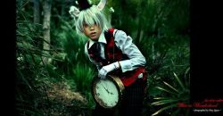 Rule 34 | alice in wonderland, animal ears, rabbit, rabbit ears, clock, cosplay, forest, glasses, hat, male focus, nature, personification, vest, white hair, white rabbit (alice in wonderland)