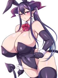 Rule 34 | 1girl, bow, bowtie, breasts, cleavage, curvy, demon tail, highres, horns, huge breasts, leotard, long hair, nishida megane, pink eyes, playboy bunny, pointy ears, purple hair, red bow, solo, tail, wide hips, wrist cuffs