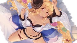 Rule 34 | 1girl, ahoge, anila (granblue fantasy), anila (summer) (granblue fantasy), arm up, armpits, bare shoulders, bikini, blonde hair, blunt bangs, blush, bow, breasts, brown eyes, cait aron, cleavage, closed mouth, collarbone, curled horns, detached sleeves, frilled bikini, frilled sleeves, frills, granblue fantasy, hair ornament, highres, horns, innertube, large breasts, layered bikini, leg ribbon, long hair, looking at viewer, lying, navel, on back, ribbon, smile, solo, swim ring, swimsuit, thick eyebrows, thigh ribbon, thigh strap, very long hair, white bikini