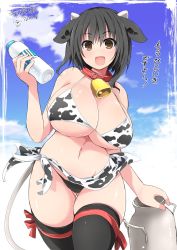Rule 34 | 1girl, 2017, :d, animal ears, animal print, bell, bikini, black hair, black thighhighs, blush, bottle, breasts, brown eyes, cleavage, cloud, collar, cow ears, cow girl, cow horns, cow print, cow tail, cowbell, dated, day, highres, horns, huge breasts, milk bottle, navel, neck bell, open mouth, original, short hair, signature, sky, smile, solo, swimsuit, tail, thigh gap, thighhighs, yoshikawa hideaki