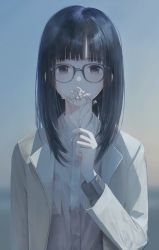 Rule 34 | 1girl, aspara, baby&#039;s-breath, black hair, blazer, blunt bangs, blurry, blurry background, branch, breast pocket, buttons, crying, crying with eyes open, dress shirt, eyebrows, flower, glasses, grey-framed eyewear, grey eyes, hand up, highres, holding, jacket, long hair, long sleeves, looking at viewer, nostrils, original, outdoors, pocket, sad, shirt, sleeve cuffs, solo, straight hair, tears, upper body, white flower, white jacket, white shirt, wing collar