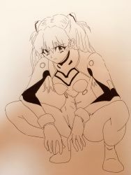 Rule 34 | 1girl, ass, bodysuit, breasts, eywy4324, full body, hair between eyes, hair ornament, highres, long hair, looking at viewer, monochrome, neon genesis evangelion, pilot suit, plugsuit, simple background, skin tight, solo, souryuu asuka langley, squatting, traditional media, tsundere, two side up, very long hair, wide hips