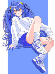Rule 34 | 1girl, absurdres, adidas, adidas forum, alternate costume, amamiya kokoro, bell, blue nails, blue shorts, blush, commentary, hair bell, hair between eyes, hair ornament, head tilt, highres, invisible chair, long hair, looking at viewer, lozi, nail polish, nijisanji, open mouth, orange eyes, shoes, shorts, sitting, sleeves past wrists, sneakers, solo, streetwear, sweater, sweater tucked in, twintails, very long hair, virtual youtuber, white footwear, white sweater