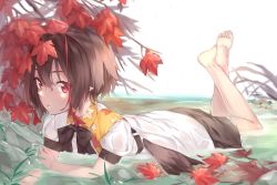Rule 34 | 1girl, autumn leaves, bad id, bad pixiv id, barefoot, belt, bird wings, black ribbon, black skirt, branch, brown hair, crossed ankles, day, expressionless, eyelashes, feathered wings, hair between eyes, hand on own arm, hat, highres, in water, kandou (rkdehd5120), leaf, leaf print, leg lift, looking at viewer, lying, maple leaf, neck ribbon, on stomach, outdoors, partially submerged, petticoat, pointy ears, puffy short sleeves, puffy sleeves, red eyes, ribbon, shameimaru aya, shirt, short hair, short sleeves, skirt, solo, the pose, thick eyebrows, tokin hat, touhou, untucked shirt, white shirt, wings