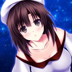 Rule 34 | 1girl, bad id, bad pixiv id, blush, breasts, brown eyes, brown hair, cleavage, collarbone, hat, karin (rei862), katou megumi, looking at viewer, midori rin, night, off shoulder, open mouth, saenai heroine no sodatekata, short hair, sky, solo, star (sky), starry sky, upper body, white hat