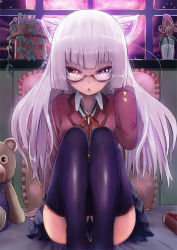 Rule 34 | 1girl, animal ears, bad id, bad pixiv id, blazer, book, cat ears, flower, glass, glasses, hand in own hair, hime cut, indoors, jacket, long hair, long sleeves, looking at viewer, moon, night, noririn, original, parted lips, pillow, plant, potted plant, purple eyes, red moon, school uniform, silver hair, sitting, skirt, solo, stuffed animal, stuffed toy, thighhighs, water, window