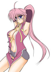 Rule 34 | 00s, 1girl, adjusting hair, aoiba takato, armpits, between breasts, breasts, cleavage, flat color, large breasts, lyrical nanoha, mahou shoujo lyrical nanoha, mahou shoujo lyrical nanoha a&#039;s, mahou shoujo lyrical nanoha strikers, mouth hold, open clothes, open shirt, ponytail, shirt, signum, solo