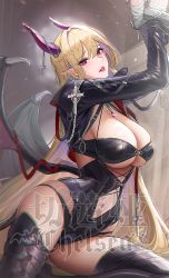 Rule 34 | 1girl, artoria pendragon (lancer) (fate), black thighhighs, blonde hair, bound, breasts, cleavage, clothing cutout, demon, demon girl, demon horns, demon tail, demon wings, fate (series), highres, horns, large breasts, lips, looking at viewer, navel cutout, original, parted lips, red eyes, restrained, revealing clothes, tail, thighhighs, thighs, tsuki no i-min, underboob, virtual youtuber, wings