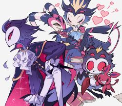 Rule 34 | 2boys, absurdres, ascot, bad id, bad pixiv id, black cape, blitzo (helluva boss), blush, book, book stack, cape, carrying, closed eyes, colored sclera, furry, hand on own hip, heart, helluva boss, highres, holding, holding stuffed toy, horns, leaning forward, looking at another, looking at viewer, meremero, multiple boys, multiple views, open book, owl boy, pants, petals, princess carry, red eyes, standing, stolas (helluva boss), striped horns, stuffed animal, stuffed rabbit, stuffed toy, white ascot, white pants, yaoi, yellow sclera