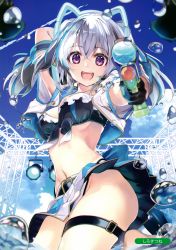 Rule 34 | 1girl, absurdres, breasts, cleavage, cropped jacket, highres, holding, looking at viewer, medium breasts, melonbooks, midriff, open clothes, purple eyes, shirokitsune, short sleeves, silver hair, simple background, skirt, smile, solo, thigh strap, thighs, water drop, water gun