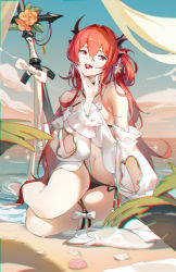 Rule 34 | 1girl, absurdres, arknights, bare shoulders, beach, bikini, black bikini, bow, breasts, burnt clothes, cherry, detached sleeves, flower, food, food in mouth, fruit, hair ornament, hair rings, hand on own cheek, hand on own face, highres, horns, long hair, long sleeves, looking at viewer, madao, medium breasts, mouth hold, ocean, official alternate costume, on ground, open mouth, orange flower, planted, planted sword, planted weapon, purple eyes, red hair, seashell, shell, sitting, solo, star (symbol), star hair ornament, surtr (arknights), surtr (colorful wonderland) (arknights), swimsuit, swimsuit cover-up, sword, thigh strap, very long hair, water, weapon, white bow