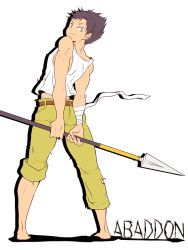 Rule 34 | 1boy, bandages, barefoot, copyright name, earrings, from behind, fukai ni nemuru oujo no abaddon, full body, green eyes, jewelry, kazama kippei, male focus, pants, pants rolled up, polearm, purple hair, sakuraprin, simple background, smile, solo, spear, spiked hair, tank top, torn clothes, weapon, white background