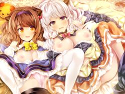 Rule 34 | 2girls, blush, breasts, brown hair, character request, cygames, granblue fantasy, horns, large breasts, lying, multiple girls, nipples, panties, stuffed animal, stuffed toy, tagme, teddy bear, underwear, white hair, yaia (granblue fantasy)
