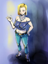 Rule 34 | 1girl, android 18, bare shoulders, belt, blonde hair, blue eyes, blurry, blurry background, blush, bob cut, breasts, denim, dragon ball, dragonball z, earrings, covered erect nipples, feet, full body, jeans, jewelry, large breasts, legs, looking at viewer, midriff, necklace, off shoulder, open mouth, pants, pearl necklace, rickert kai, shoes, short hair, simple background, solo, standing, thighs