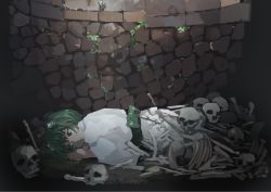 Rule 34 | 1girl, bone, expressionless, eyebrows, green eyes, green hair, hair bobbles, hair ornament, ichiba youichi, in container, japanese clothes, kimono, kisume, lying, matching hair/eyes, on stomach, sash, skeleton, skull, solo, touhou, well