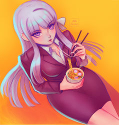 Rule 34 | 1girl, artist name, breasts, commentary, cup ramen, danganronpa: trigger happy havoc, danganronpa (series), eating, english commentary, food, formal, from above, kirigiri kyoko, long hair, long sleeves, looking at viewer, medium breasts, missarilicious, noodles, office lady, parted lips, pencil skirt, purple eyes, purple hair, shadow, signature, simple background, skirt, skirt suit, solo, suit, watermark, yellow background