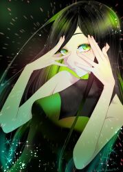 Rule 34 | 1girl, bare shoulders, black hair, breasts, closed mouth, commentary request, dress, green dress, green eyes, green hair, hands up, highres, izawa kinako, long hair, looking at viewer, medium breasts, mole, mole under eye, mole under mouth, oshi no ko, partial commentary, shiranui frill, sleeveless, sleeveless dress, slit pupils, solo, sparkle, twitter username, upper body