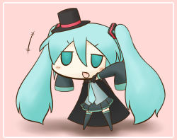 Rule 34 | 1girl, aqua eyes, aqua hair, cape, chibi, detached sleeves, fang, fuugetsu oreha ikiru, halloween, hat, hatsune miku, long hair, necktie, open mouth, outstretched arms, simple background, skirt, sleeves past wrists, solo, spread arms, thighhighs, top hat, twintails, very long hair, vocaloid