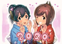 Rule 34 | 2020, 2girls, alternate hairstyle, black hair, blue eyes, blue kimono, blush, brown eyes, brown hair, floral print, grin, hair bun, hair ornament, hairclip, headgear, heart, i-400 (kancolle), i-401 (kancolle), japanese clothes, kantai collection, kimono, long hair, looking at viewer, multiple girls, ponytail, red kimono, shiden (sashimi no wife), single hair bun, smile, tan, upper body