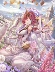 Rule 34 | 1girl, aircraft, alpaca, animal, bellflower, bird, blue eyes, bow, breasts, bridal veil, building, cleavage, cloud, commentary, dandelion, dandelion seed, day, dress, dutch angle, elbow gloves, fate/apocrypha, fate (series), field, flower, flower request, frankenstein&#039;s monster (fate), gem, gloves, grass, hair flower, hair ornament, headgear, heterochromia, highres, horizon, horns, hot air balloon, lens flare, looking at viewer, lupinus (flower), medium breasts, mountain, open mouth, outdoors, outstretched arms, pink hair, rose, see-through, see-through cleavage, sheep, short hair, single horn, sitting, sky, sleeveless, sleeveless dress, solo, spread arms, sunlight, torino aqua, veil, wedding dress, white dress, white gloves, yellow eyes, yokozuwari
