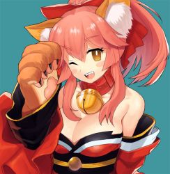 Rule 34 | 1girl, animal ears, bare shoulders, bell, blush stickers, breasts, cleavage, collar, collarbone, fate/grand order, fate (series), fox ears, green background, hair ribbon, japanese clothes, large breasts, long hair, looking at viewer, neck bell, one eye closed, open mouth, pink hair, ribbon, simple background, solo, syunga, tamamo (fate), tamamo cat (fate), tamamo cat (first ascension) (fate), tamamo no mae (fate/extra), yellow eyes