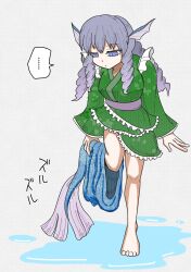 Rule 34 | ..., 1girl, blue hair, closed mouth, commentary request, drill hair, drill sidelocks, fins, frilled kimono, frills, full body, green kimono, grey background, head fins, highres, japanese clothes, kimono, kiringi, long hair, long sleeves, looking at viewer, mermaid costume, one-hour drawing challenge, puddle, sidelocks, simple background, solo, spoken ellipsis, standing, standing on one leg, touhou, wakasagihime