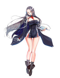 Rule 34 | 1girl, azur lane, between breasts, blue cloak, book, boots, braid, breasts, brown eyes, bug, butterfly, cleavage, cloak, collarbone, collared dress, covered erect nipples, covered navel, cross-laced footwear, dress, fingernails, floating hair, french braid, full body, glasses, gluteal fold, grey hair, grey socks, hair ornament, highres, holding, holding book, insect, lace-up boots, large breasts, long hair, long sleeves, looking at viewer, necktie, necktie between breasts, open mouth, red necktie, round eyewear, semi-rimless eyewear, shangri-la (azur lane), shiraishiakina, short dress, side braid, sidelocks, simple background, skindentation, smile, snowflake hair ornament, socks, solo, white background