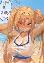 Rule 34 | 1girl, arms behind head, arms up, blush, breasts, crop top, day, fang, ichihyaku nanajuu, korean commentary, korean text, large breasts, last origin, light brown hair, long hair, nereid (last origin), nose blush, ocean, one eye closed, open mouth, outdoors, see-through, sky, solo, speech bubble, sweat, tan, tanline, translation request, twintails, upper body, very long hair
