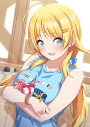 Rule 34 | 1girl, :d, ahoge, amochin, blonde hair, blue eyes, blue shirt, bracelet, breast hold, breasts, collarbone, crossed arms, english text, gift, hachimiya meguru, hair behind ear, hair ornament, hairclip, highres, idolmaster, idolmaster shiny colors, jewelry, large breasts, long hair, looking at viewer, low twintails, open mouth, shirt, sidelocks, sleeveless, sleeveless shirt, smile, solo, twintails