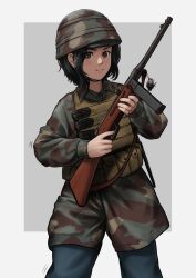 Rule 34 | 1girl, absurdres, ammunition pouch, belt, beretta model 38, beretta model 38 (girls&#039; frontline), black hair, brown eyes, camouflage, charm (object), chibi, commentary, commission, english commentary, girls&#039; frontline, gun, highres, italy, kaibokan, looking at viewer, mab 38, military uniform, outside border, paratrooper, pouch, real life, soldier, solo, submachine gun, uniform, vest, weapon, when you see it, world war ii