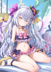 Rule 34 | 1girl, absurdres, azusa (blue archive), azusa (swimsuit) (blue archive), bikini, blue archive, breasts, cleavage, collarbone, commentary request, detached sleeves, frilled bikini, frills, grey hair, hair ornament, halo, highres, jewelry, long hair, looking at viewer, navel, necklace, purple eyes, sandals, sitting, sky, small breasts, solo, swimsuit, wariza, wings, ye yemail