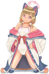 Rule 34 | 1girl, animal ears, blonde hair, blue archive, cat ears, cat tail, commentary request, competition swimsuit, fake animal ears, flat chest, full body, halo, hands on own hips, highres, jacket, kneeling, looking at viewer, momoi (blue archive), off shoulder, one-piece swimsuit, open clothes, open jacket, pink eyes, simple background, smile, solo, swimsuit, tail, thighhighs, uzuki mei, white background, white one-piece swimsuit