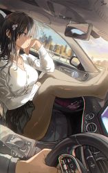 Rule 34 | black hair, car, car interior, hair between eyes, hair ornament, highres, japanese text, jewelry, legs folded, long hair, mercedes-benz, motor vehicle, necklace, no shoes, office lady, pantyhose, pout, saya (mychristian2), sitting, skirt, tagme, tight clothes, uniform, vehicle interior