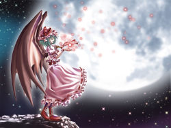 Rule 34 | 1girl, aozora market, bat wings, boots, cross-laced footwear, dress, female focus, from side, full moon, hat, lace-up boots, mob cap, moon, moonlight, outstretched arms, pink dress, profile, puffy short sleeves, puffy sleeves, remilia scarlet, short sleeves, sky, solo, standing, star (sky), starry sky, touhou, vampire, wings