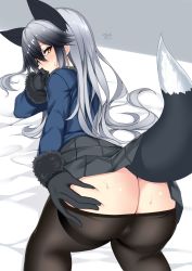 Rule 34 | 10s, 1girl, animal ears, ass, ass grab, bed sheet, black gloves, black pantyhose, blush, butt crack, clothes pull, covering own mouth, fox ears, fox tail, fur trim, gloves, gradient hair, highres, kemono friends, long hair, long sleeves, looking back, multicolored hair, nebusoku, pantyhose, pantyhose pull, pleated skirt, signature, silver fox (kemono friends), silver hair, simple background, skirt, solo, sweat, tail