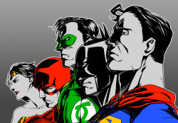 Rule 34 | 1girl, 4boys, amazon warrior, batman, batman (series), bodysuit, bruce wayne, cape, dc comics, domino mask, emblem, flash (series), green lantern, green lantern (series), hal jordan, highres, justice league, kryptonian, mask, multiple boys, strapless, superman, superman (series), the flash, tiara, wonder woman, wonder woman (series)